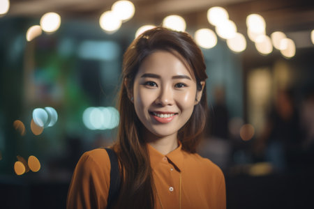 Young smart asian businesswoman, smiling face, standing in blur background of creative colorful office interior design. Generative AI AIG20.の素材