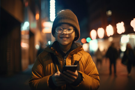 Wide angle shot of a young chinese japanese 10-year-old little boy trendy clothes using mobile phone with background of urban city street at night. Generative AI AIG18.の素材