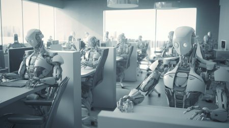 Robotic office with laptops and robots, business process automation. human enhanced. Generative AI AIG20.の素材