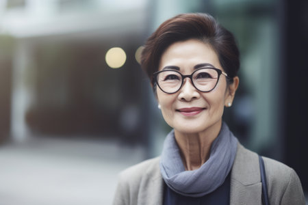 Mature smart asian businesswoman, smiling face, standing in blur background of modern office building. Generative AI AIG20.の素材