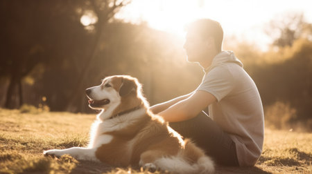 Young man with dog sitting in park, sunlight. Generative AI AIG20.の素材