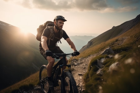 Active male cyclist riding bike on a mountain. Generative AI AIG18.の素材