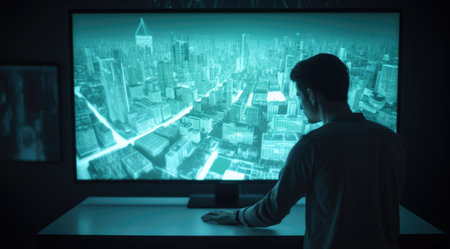 A man looking at blue hologram screen showing the city plan with the light teal and light black. Generative AI AIG21.の素材