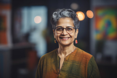 Mature smart indian businesswoman, smiling face, standing in blur background of creative colorful office interior design. Generative AI AIG20.の素材