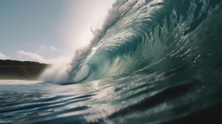 Inside view of the huge breaking wave of the sea. Generative AI AIG21.の素材