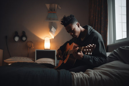 Male African teenager playing guitar in bedroom activity music. Generative AI AIG23.の素材