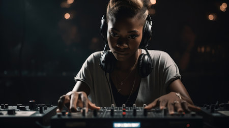DJ Female African-American Young Adult Playing music at a nightclub or other event, using DJ equipment. Generative AI AIG22.の素材