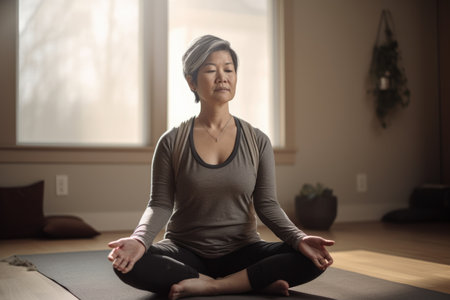 Female Asian middle aged practicing yoga in living room peace. Generative AI AIG23.の素材