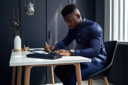 Male African young adult working from home home office business. Generative AI AIG23.の素材