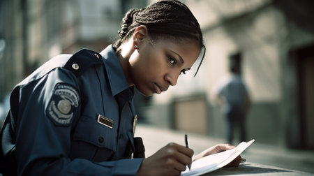 Police Officer Female African-American Young Adult Writing a ticket in Street. Generative AI AIG22.の素材