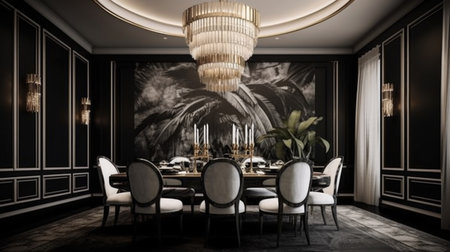 Interior design inspiration of Art Deco Glam style home dining room loveliness decorated with Glass and Velvet material and Statement Wallpaper .Generative AI home interior design .の素材