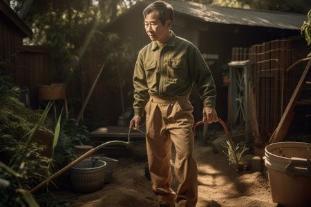 Male Asian senior gardening in backyard plants earthly. Generative AI AIG23.の素材