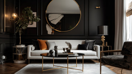 Living room decor, home interior design . Art Deco Contemporary style with Large Window decorated with Velvet and Marble material . Generative AI AIG26.の素材