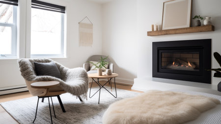 Bedroom decor, home interior design . Scandinavian Rustic style with Fireplace decorated with Wood and Fur material . Generative AI AIG26.の素材