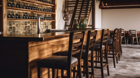 Vintage bar interior design with a row of wooden bar tables and stools. Generative AI AIG27.の素材