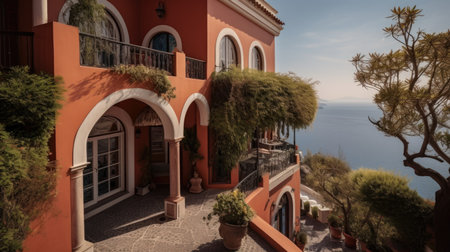 Home architecture design in Mediterranean Style with Courtyard constructed by Stucco and Tile material. Andalusian style. Generative AI AIG25 .の素材
