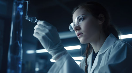 A woman in lab coat checking a sample stock photo in the laboratory. Generative AI AIG21.の素材