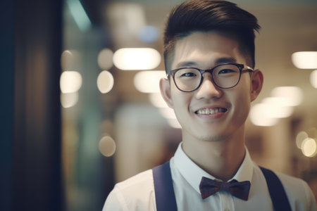 Young smart asian businessman, smiling face, standing in blur background of creative colorful office interior design. Generative AI AIG20.の素材