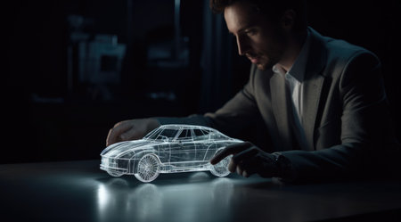 A business man touching a model of modern automobile car on a tabletop. Generative AI AIG21.の素材