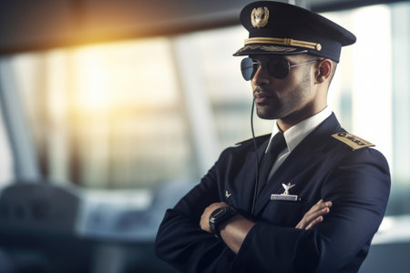 A male pilot in captains uniform in an indoor airport setting. Generative AI AIG21.の素材