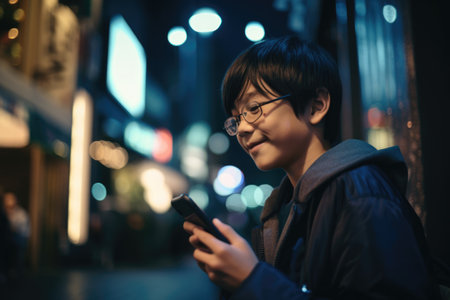 Low angle shot of a young chinese japanese 10-year-old little boy trendy clothes using mobile phone with background of urban city street at night. Generative AI AIG18.の素材