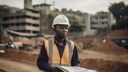 30s male african Civil Engineer with determined face at construction site. Generative AI AIG21.の素材