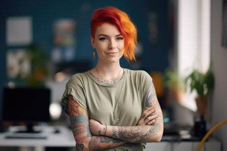 Cool female fashion designer, smiling face, looking at camera, red hair, piercing, tattoo, standing at office desk, laptop, colorful trendy interior office. Generative AI AIG20.の素材