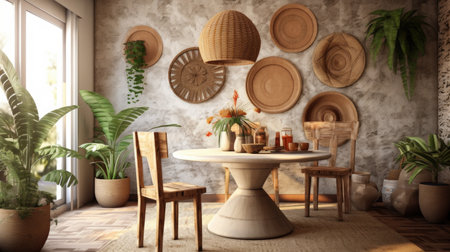 Interior design inspiration of Bohemian Eclectic style home dining room loveliness decorated with Wood and Wicker material and Textured Wall .Generative AI home interior design .の素材