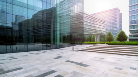 Outdoor image in front of modern office buildings in central business district. Generative AI AIG21.の素材