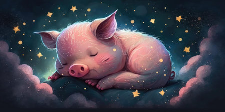 A cute and adorable piglet is sleeping under night sky between stars pillow. Generative AI AIG16.の素材