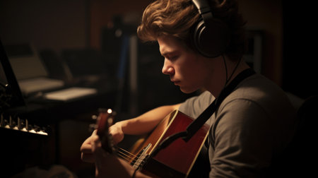 Indie Singer Male Caucasian Young Adult Writing and recording music for independent album release in Home studio. Generative AI AIG22.の素材