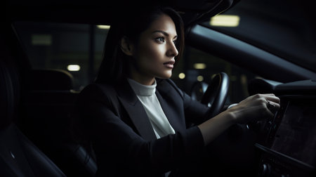 CEO Female Hispanic Mature Reviewing progress reports and discussing strategies in a moving car. Generative AI AIG22.の素材