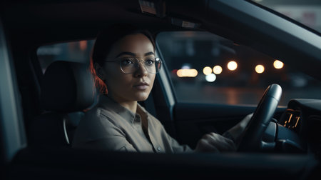 CEO Female Caucasian Young Adult Conducting a video call with a remote team from a parked car. Generative AI AIG22.の素材