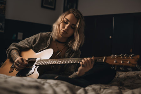 Female Caucasian teenager playing guitar in bedroom activity music. Generative AI AIG23.の素材