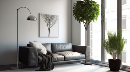 Living room decor, home interior design . Contemporary Minimalist style with Large Window decorated with Concrete and Leather material . Generative AI AIG26.の素材