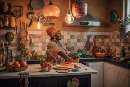 Female African adult cooking in kitchen apron chef attire. Generative AI AIG23.の素材