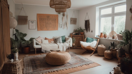 Living room decor, home interior design . Scandinavian Bohemian style with Gallery Wall decorated with Wood and Wicker material . Generative AI AIG26.の素材