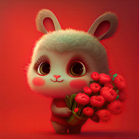Smiling cute rabbit holding bouquet in colorful flowers isolated warm background. Concept of phonographic in art digital of animal abstract profile. Glorious generative AI.の素材