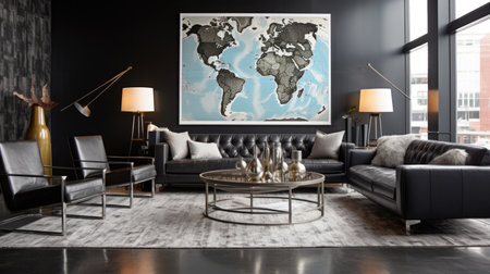 Living room decor, home interior design . Industrial Modern style with Statement Wall decorated with Metal and Glass material . Generative AI AIG26.の素材