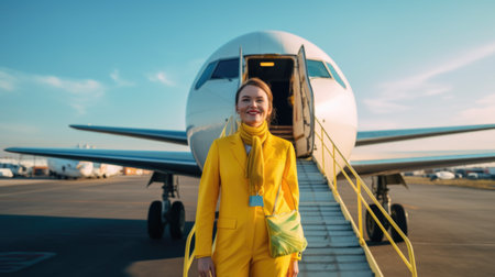 Smiling air hostess in yellow suit standing in front of airplane entrance under blue sky. Generative AI AIG21.の素材