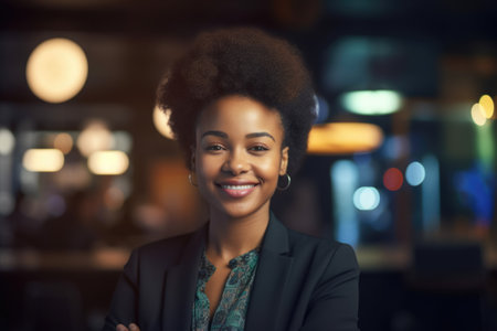 Young smart african-american businesswoman, smiling face, standing in blur background of creative colorful office interior design. Generative AI AIG20.の素材