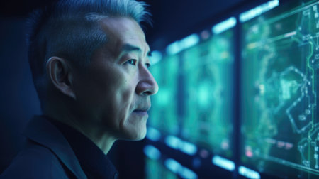 Mature asian male with wonder, curiosity, looking at holographic digital display, futuristic technology, innovation. Generative AI AIG20.の素材