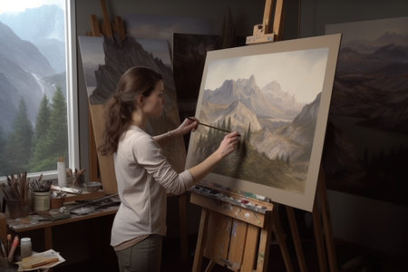 The woman painting the realistic landscapes in an art studio with mountain view. Generative AI AIG21.の素材