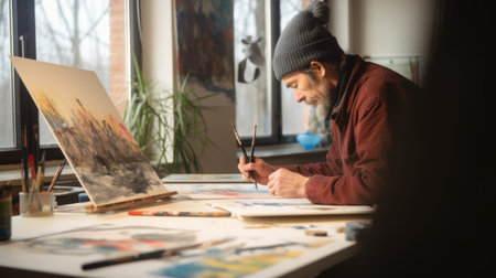 The male painter sitting in the studio using watercolor on his art. Generative AI AIG21.の素材