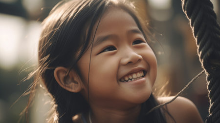 Close up smiling face, young asian girl playing on a swing, happiness, childhood, freedom, vitality, outdoor fun, carefree, sunlight. Generative AI AIG20.の素材