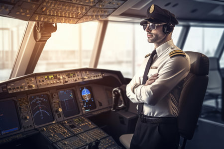 A male pilot in captains uniform in an indoor airport setting. Generative AI AIG21.の素材
