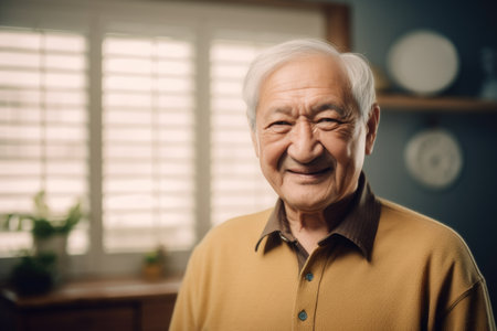Happy scandinavian senior man at home smiling looking at camera. Generative AI AIG20.の素材
