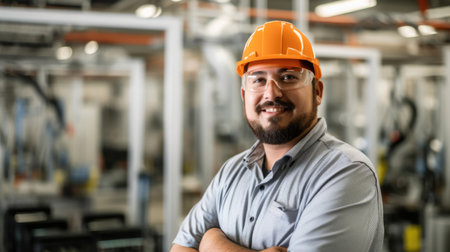 Hispanic male engineer smiling, standing inside the smart factory with robotic arm looking at the camera with blur background. Generative AI AIG20.の素材