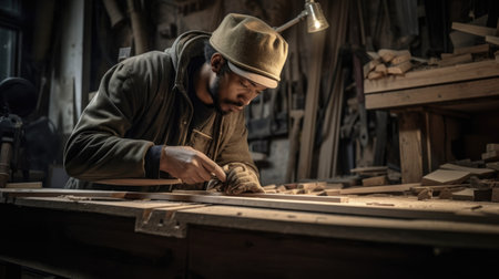The man working with wooden planks in a workshop with determination. Generative AI AIG21.の素材
