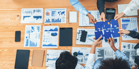 Panorama top view diverse corporate officer worker collaborate in office connect puzzle piece as partnership and teamwork concept. Unity and synergy in business success with jigsaw puzzle. Concordの写真素材